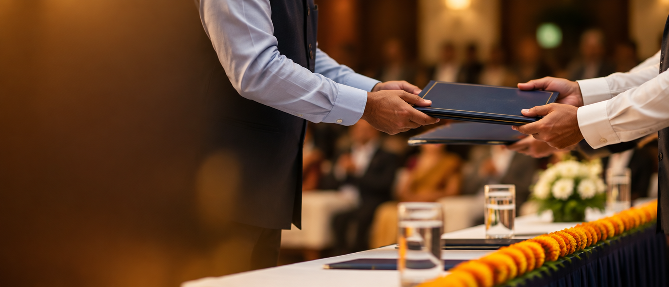 A memorandum folder being exchanged across a table at a formal higher education event