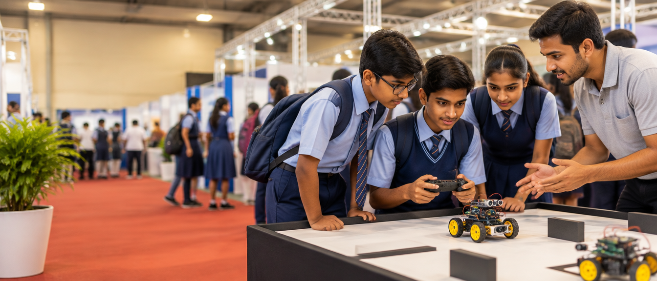 School students trying out robots at an education festival exhibition stand