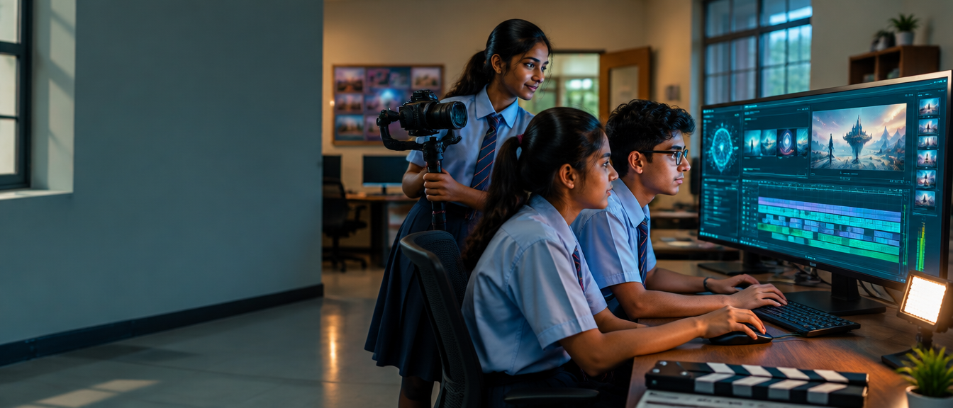 School students editing an AI-generated film on a studio monitor while another holds a camera on a gimbal